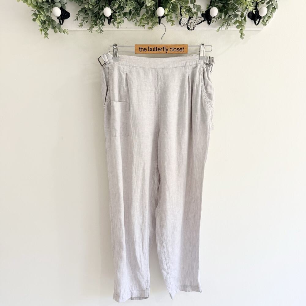 Poetry Women’s Linen Straight Leg Light Gray Pants Buckle Details Size 8 164995